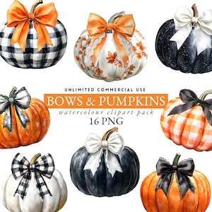 black bow and pumpkins clipart, watercolour toile pumpkin, fall gingham pumpkins, coquette pumpkins, white fall pumpkins, coquette bows, 039