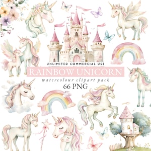 clipart de aquarela de unicórnio arco-íris, unicórnio fofo, clipart de castelo de conto de fadas, chá de bebê de unicórnio, unicórnio de 1º aniversário, castelo de princesa, 021
