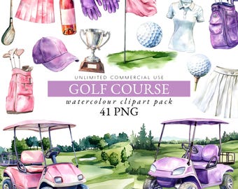 Watercolor pink golf clipart, golf course clipart, sports clipart, golf course png, pink golf cart clipart, trophy clipart, sports png, 012