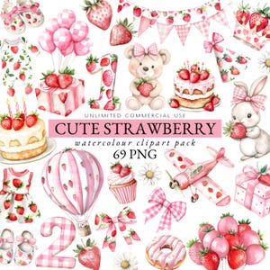 Aquarel schattige aardbei clipart, bessen eerste verjaardag clipart, twee zoete clipart, aardbei fruit clipart, madeliefjebloem clipart, 009