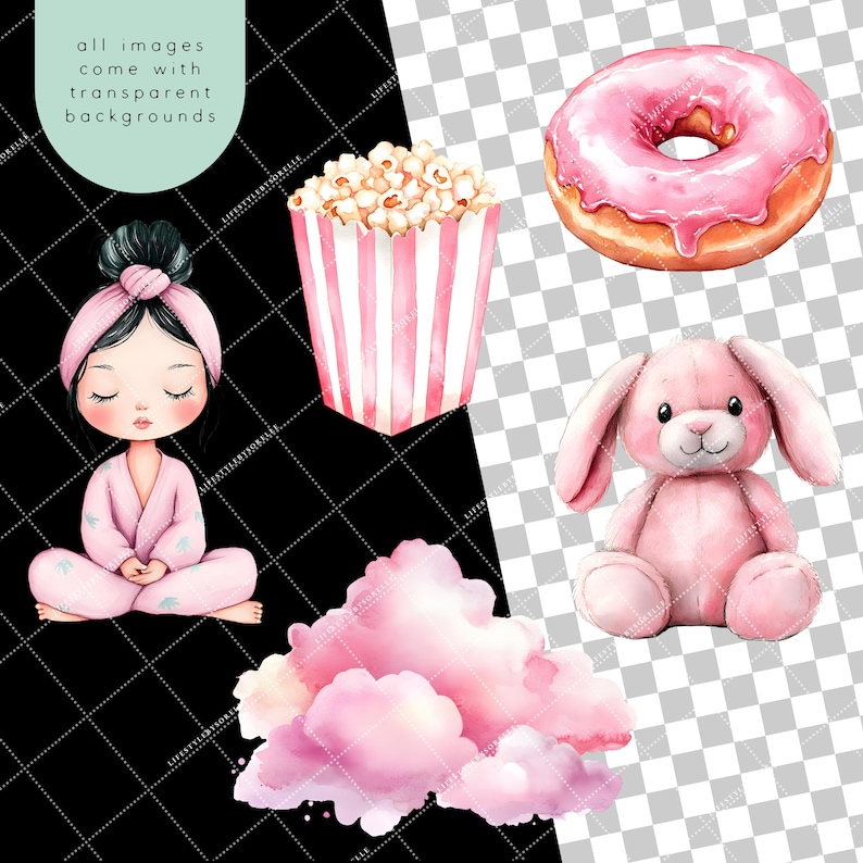 Peut inclure: Un ensemble d'illustrations aquarelle rose et blanche repr&eacute;sentant une fille en pyjama m&eacute;ditant, un lapin rose, un seau de pop-corn, un beignet rose et un nuage rose.