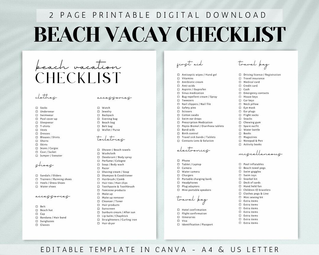 Printable Beach Vacation Checklist, Editable Travel Checklist, Vacation ...