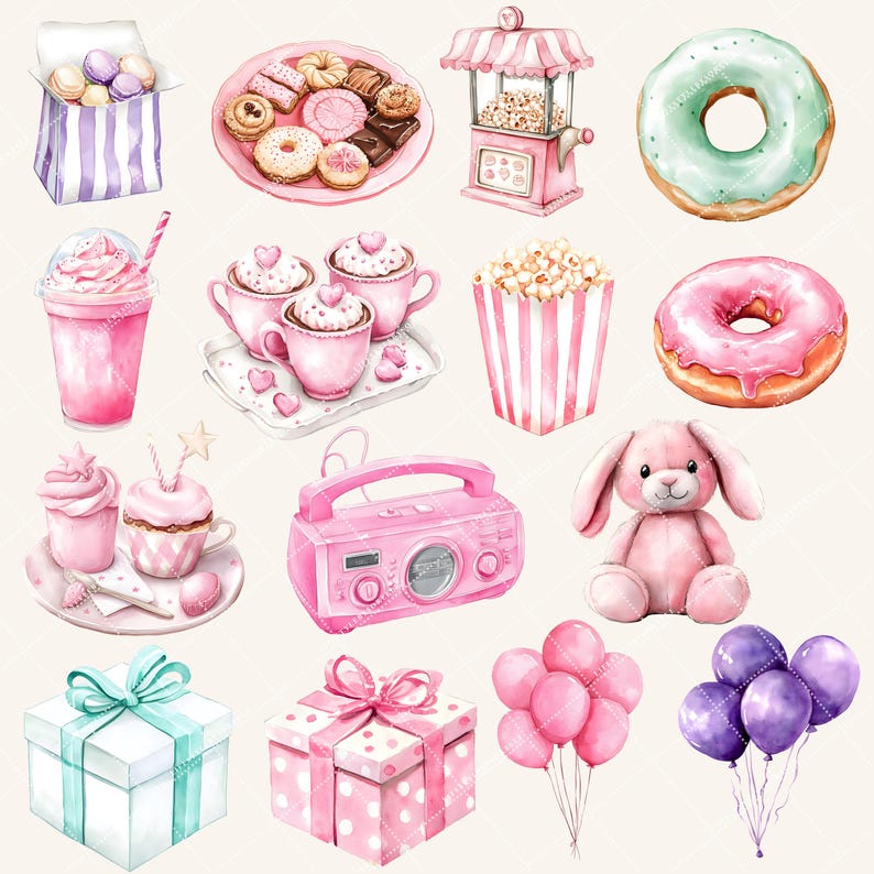 Peut inclure: Une collection d'illustrations aquarelle roses et vertes repr&eacute;sentant divers articles de f&ecirc;te, notamment une machine &agrave; popcorn, des cupcakes, des beignets, une radio, des bo&icirc;tes cadeaux, des ballons et un animal en peluche.