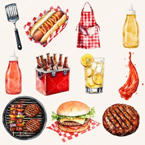 May include: Watercolor illustration of a summer barbecue scene. Includes a hot dog, hamburger, grilled meat, skewers, condiments, a cooler with beer bottles, a glass of lemonade, and a red and white checkered apron.