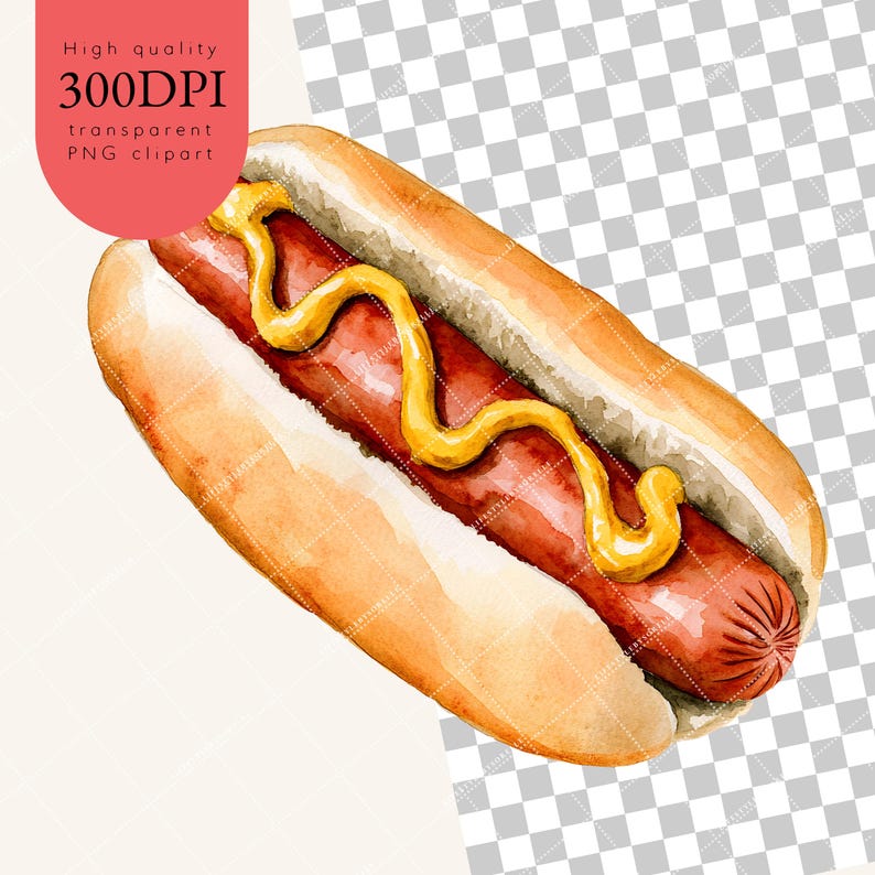 May include: Watercolor illustration of a hot dog in a bun, topped with yellow mustard. The image has a transparent PNG clipart background and text that reads "High quality 300DPI transparent PNG clipart".