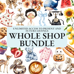 Puede incluir: Una colección de ilustraciones en acuarela que presentan una variedad de objetos, incluyendo un vestido, una ballena, un teléfono, una magdalena, un oso de peluche y un body de bebé. El texto "WHOLE SHOP BUNDLE" se muestra.