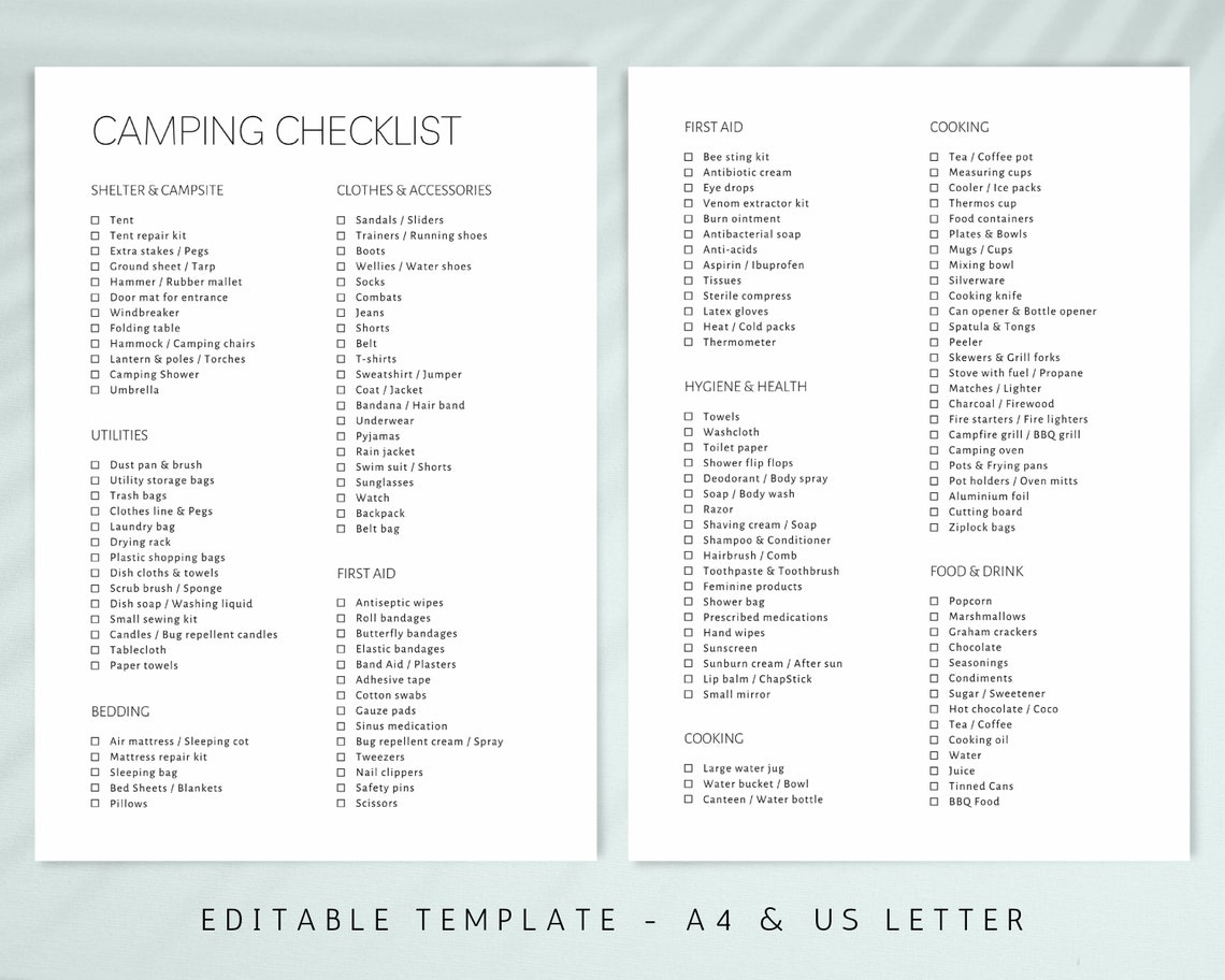 Printable Camping Checklist, Editable Travel Checklist, Camping Trip