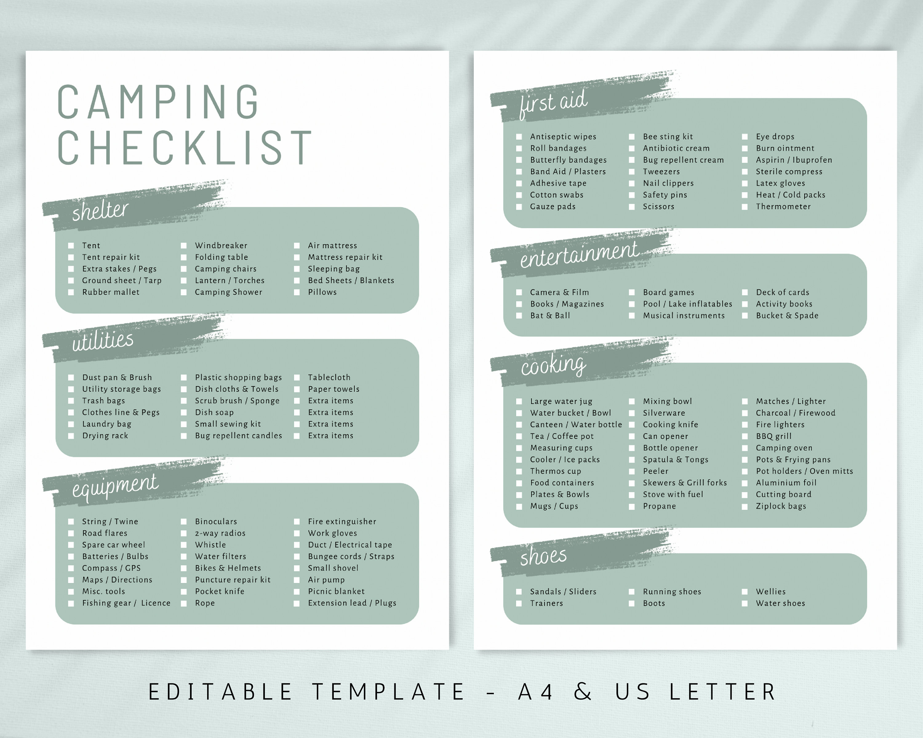Printable Camping Checklist, Editable Travel Checklist, Camping Trip