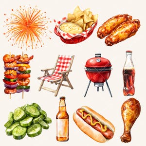 May include: Watercolor illustration of various barbecue items. Includes a red and white checkered picnic chair, a red grill, a hot dog with mustard, chicken wings, a bottle of soda, a beer bottle, and a skewer of grilled shrimp and vegetables.