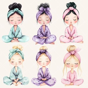 Peut inclure: Six illustrations de filles en pyjamas et bandeaux de diff&eacute;rentes couleurs, assises en position de yoga les yeux ferm&eacute;s. Les filles ont des couleurs et des styles de cheveux diff&eacute;rents.