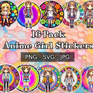 Circular Anime Girl Sticker 16-Pack, Commercial Use Ok, SVG, JPG, PNG, Print&Cut, Anime, Kawaii Stickers, Anime Clipart, Anime Girl Stickers