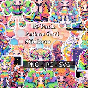 Rainbow Anime Girl Sticker 19-Pack, Commercial Use Ok, SVG, JPG, PNG, Print and Cut, Anime, Kawaii Stickers, Anime Clipart, Anime Stickers