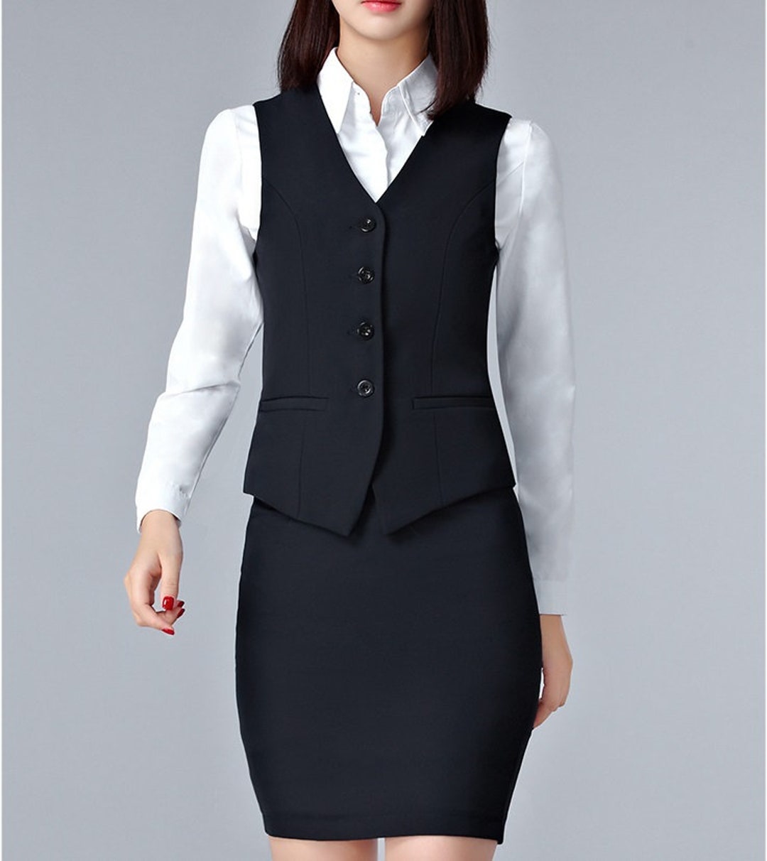 Vocni Women's Fully Lined 4 Button V-Neck Economy Dressy Suit Vest  Waistcoat ,Black,US M ,(Asian 3XL)