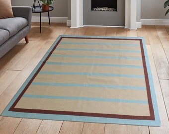 5x7 Striped Wool Flatweave Rug, Handwoven Indian Kilim Carpet, Tribal Living Room Area Rug, Custom Size Available