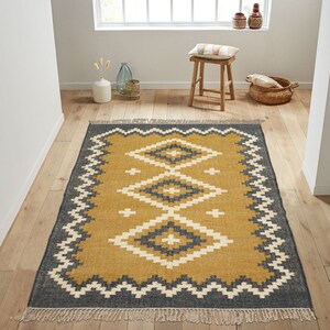 Wool & Jute Area Runner Rug, 5x8 Wool Jute Kilim, Home Decor, Custom Size Rugs Vintage Style, Southwestern Rugs for Bedroom Aesthetic, Large