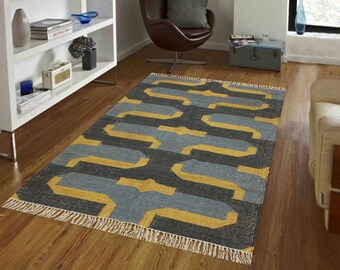 Handwoven Wool Jute Kilim Rug, Boho Geometric Dhurrie, Flatweave Area Rug, Custom Size, Indian Home Decor