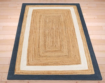 Handmade Natural Beige Jute Area Rug Black Jute Bordered Hallway Home Decor Rug Living Room Rug Rectangle Rug Christmas Gifts Outdoor Rug