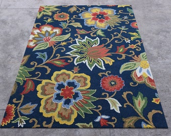 Blue floral persian wool hand tufted carpet Living room home floor decor Valentine day gift for wife 4x6 6x9 4x10 feet