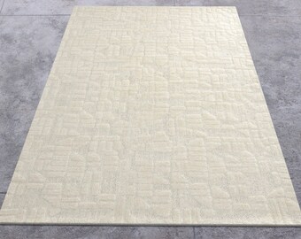 White living room woollen area rug Bohemian bedroom hand tufted carpet Modern handmade gift for wife 3x5 5x8 4x10 feet