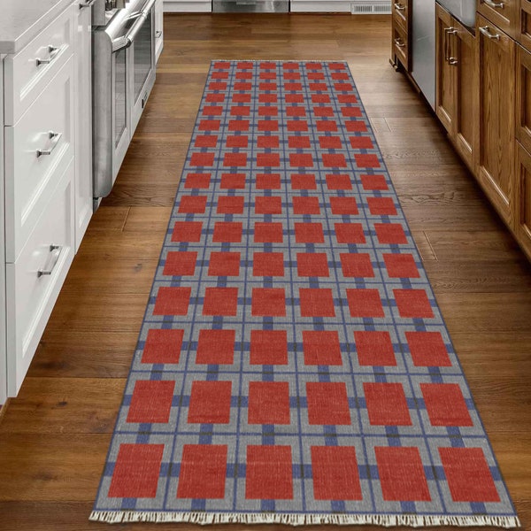 Red blue home decor cotton area rug Hallway stair runner corridor decor Anniversary gift for wife bedroom mat 6x9 8x10 3x15 ft