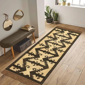 Handmade area Rug, Wool Jute Carpet Rugs For Living Bedroom Entry Way Jute Runner, Yellow Black Flat Weave, Large Size Indoor Outdoor Kilim