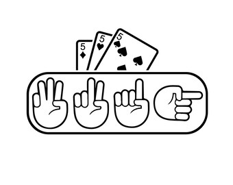 May include: Four hands showing different finger counts, with three playing cards showing the number 5 of spades, hearts, and diamonds, above the hands.