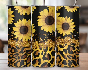 Solrosor Tumblerdesigns, Glittrig Leopard 20oz Slim Tumbler Wrap, Sömlös Glittrig Tumblermall - PNG Digital