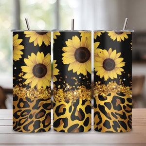 Sunflowers Tumbler Designs, Glitter Leopard 20oz Skinny Tumbler Wrap, Seamless Glitter Tumbler Template - PNG Digital