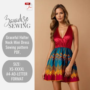 Graceful Halter Neck Mini Dress Pattern, V-Neck Mini Dress Pattern, Digital Sewing,  Sewing Summer Dress,Suitable For Us letter-A4-A0 Format
