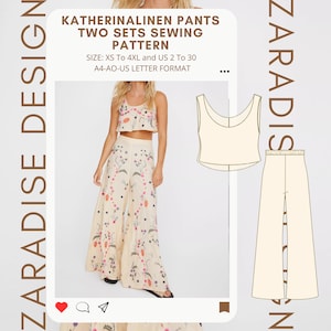 Patrón de costura de conjunto de lino Katherina, pantalones de lino, pantalones cortos de lino, conjunto Bali, conjunto de maíz, conjunto de dos piezas, formato carta-A4-A0 PDF