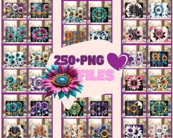 May include: A collage of 250+ digital designs featuring various sunflower patterns in different colors and styles. The designs are perfect for creating custom tumblers, mugs, and other personalized items.