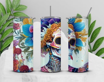 Melted Skull Tumbler Wrap PNG, Skull Halloween Tumbler Wrap, Skull Floral 20 oz Skinny Tumbler Sublimation Design, Instant Download