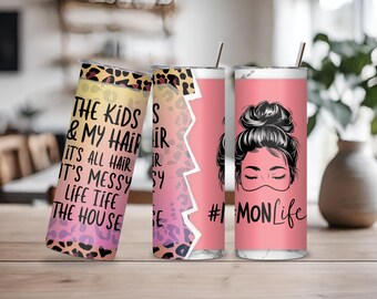 Mom Life 20 oz Skinny Tumbler Wrap, Leopard Mom Life Messy Bun Tumbler Sublimationsdesign, Mom Life Tumbler Design - PNG