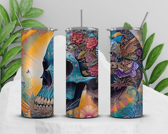 Melted Skull Tumbler Wrap PNG, Skull Halloween Tumbler Wrap, Skull Floral 20 oz Skinny Tumbler Sublimation Design, Instant Download