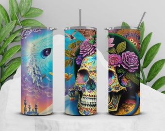 Melted Skull Tumbler Wrap PNG, Skull Halloween Tumbler Wrap, Skull Floral 20 oz Skinny Tumbler Sublimation Design, Instant Download