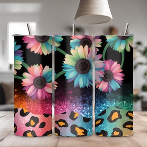 Sunflowers Tumbler Designs, Glitter Leopard 20oz Skinny Tumbler Wrap, Seamless Glitter Tumbler Template - PNG Digital Download