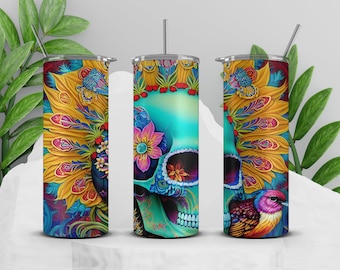 Melted Skull Tumbler Wrap PNG, Skull Halloween Tumbler Wrap, Skull Floral 20 oz Skinny Tumbler Sublimation Design, Instant Download