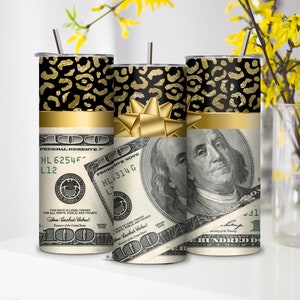 Money tumbler wrap PNG, 20 oz skinny 100 dollar bill seamless tumbler sublimation design digital download, Straight tumbler.