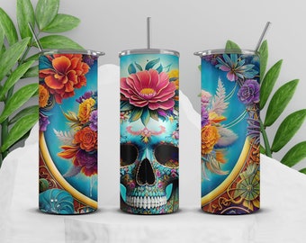 Melted Skull Tumbler Wrap PNG, Skull Halloween Tumbler Wrap, Skull Floral 20 oz Skinny Tumbler Sublimation Design, Instant Download