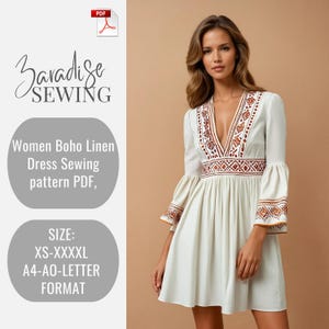 Women Boho Linen Dress Sewing Pattern, Cottagecore Dress,Celtic Dress, Medieval Boho Dress, Gathered Dress, Flare Sleeve Dress,