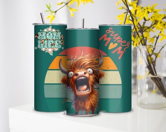 Funny Cow Super mama, MOM LIFE Tumbler Gift, Stresująca mama, Highland Cow, Coffee Mama, Miłośnicy kawy, Prezent dla mamy, Prezent na dzień matki