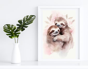 Watercolor Sloths Printable Wall Art Print | Instant Download | Animal Wall Art For Kids | Sloth Couple | Valentines Day Art
