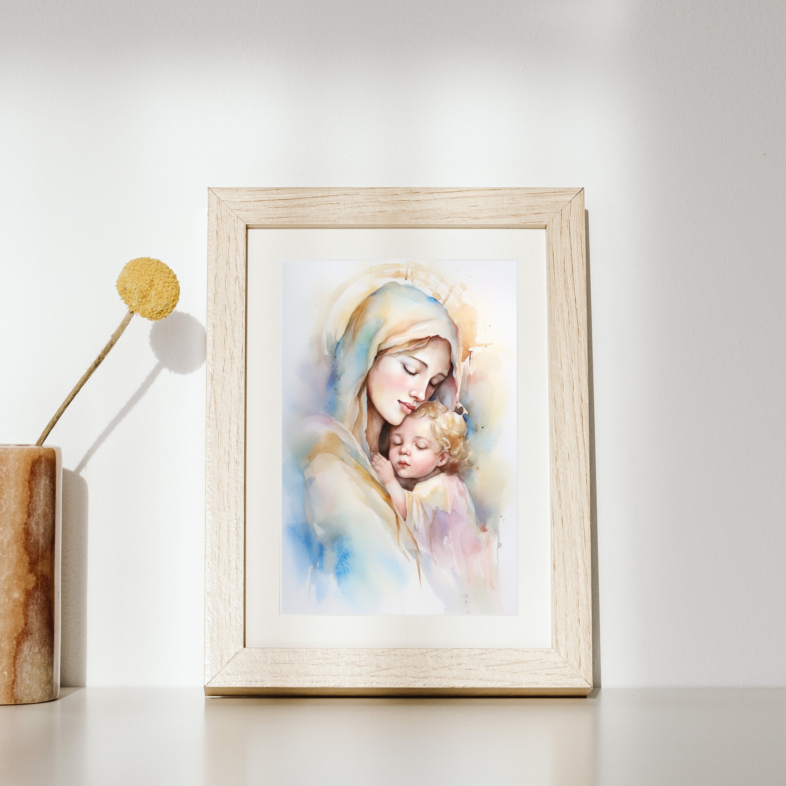Virgin Mary & Baby Jesus Watercolor Pastel Wall Art Print Catholic ...