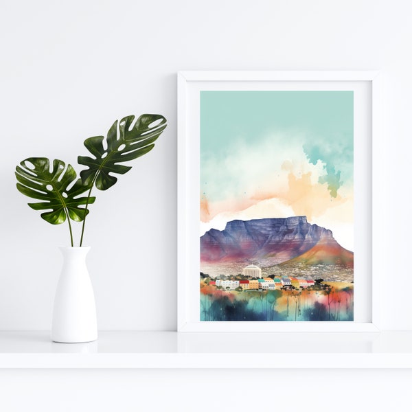 Cape Town Landscape Watercolor Wall Art Print | Coastal Room Decor | Instant Download | Pastel African Wall Art | South Africa Print