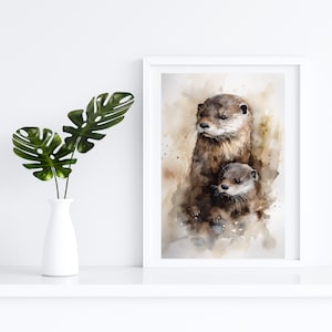 Watercolor Otters Printable Wall Art Print | Nursery Wall Decor | Instant Download | Animal Wall Art For Kids | Otter Mom & Baby Otter
