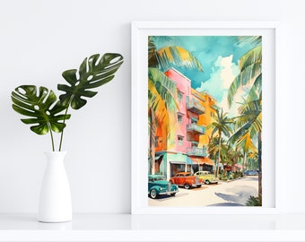 Miami City Pastel Watercolor Art Print | Instant Download | Printable Poster Print | Vice City Art | Miami Poster