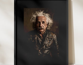 Albert Einstein Digital Art, Einstein in Leather Jacket Illustration, Quirky Scientist Wall Art, Printable Digital Download, Home Decor