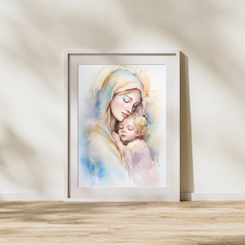 Virgin Mary & Baby Jesus Watercolor Pastel Wall Art Print Catholic