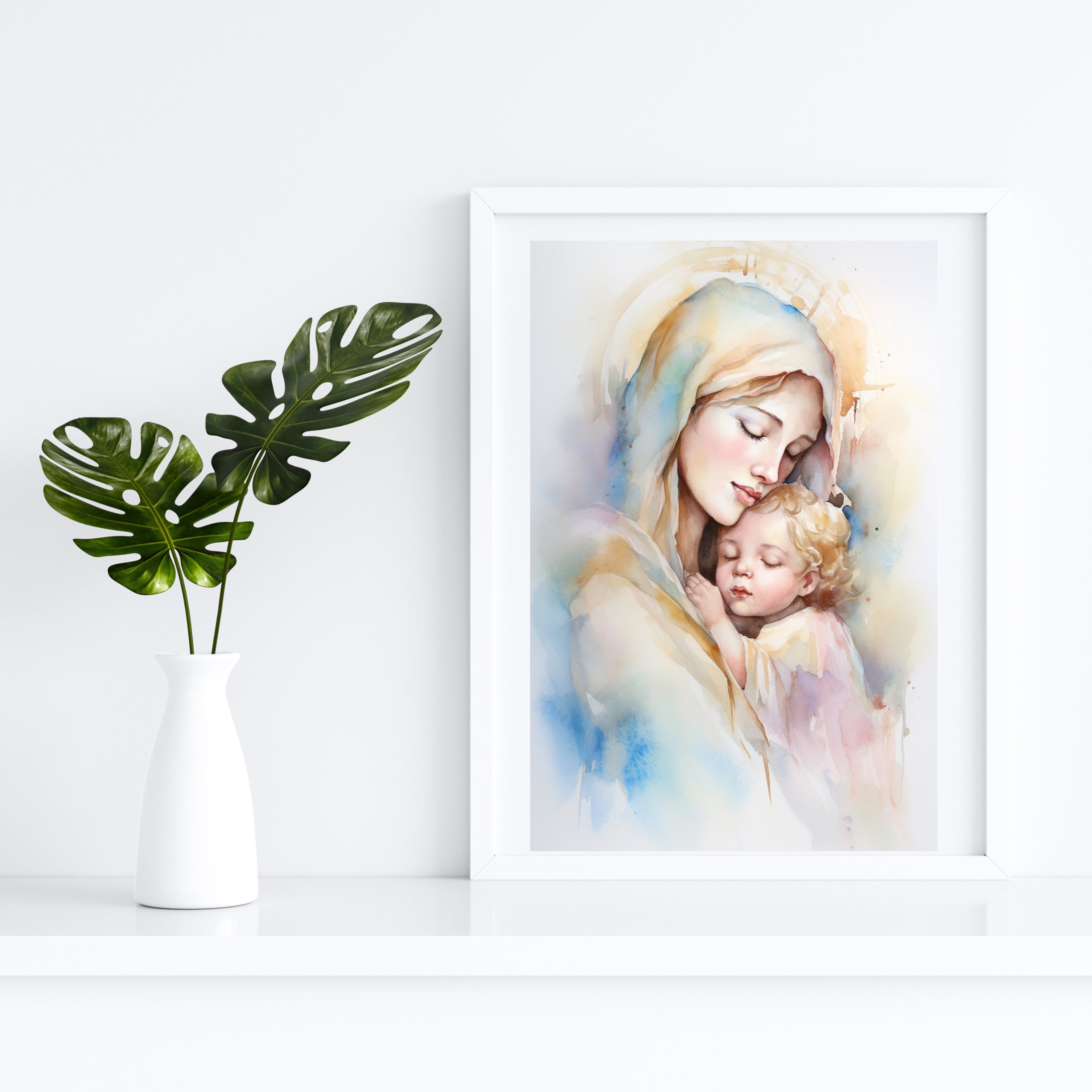 Virgin Mary & Baby Jesus Watercolor Pastel Wall Art Print Catholic ...