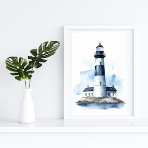 Watercolor Lighthouse Wall Art | Coastal & Nautical | Downloadable Art Print | Aesthetic Hampton Wall Art | Navy Blue Beach House Decor